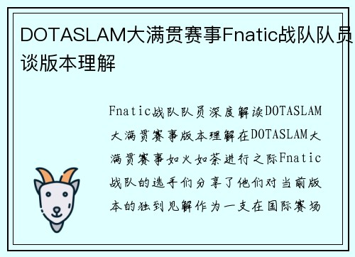 DOTASLAM大满贯赛事Fnatic战队队员谈版本理解